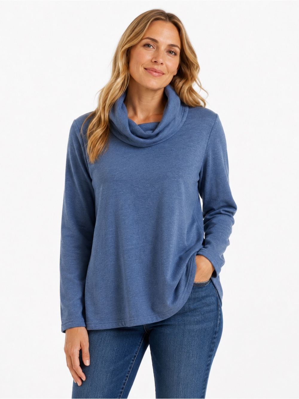 Lands’ End Women’s Sweater Fleece Cowl Neck Tunic Pullover Heather Blue L 14-16
